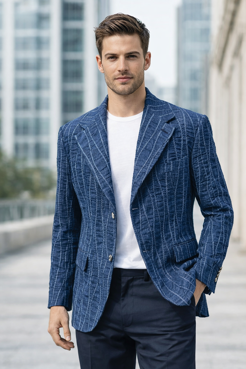 Textured Denim Indigo Stitch Blazer